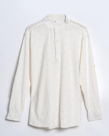 White Netted Kurta Shirt Regular Fit